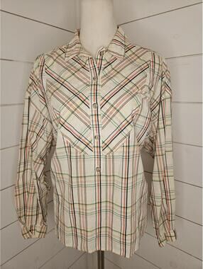 Vintage Chaus (Bernard Chaus) medium cream plaid western style tunic shirt